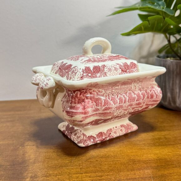 Vintage Gravy Boat Tureen Pink and White Transfer Ware Mushrooms Antique - Picture 3 of 13